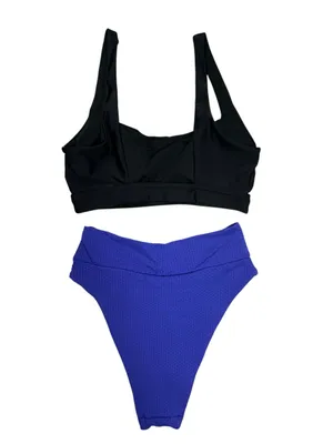 Aerie Two-Piece Bikini Swimsuit Black & Purple | Textured High-Waist Bottom thumbnail 2