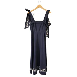 Petal & Pup Navy Blue Linen Blend Floral Embroidered Midi Dress Size Medium thumbnail 2
