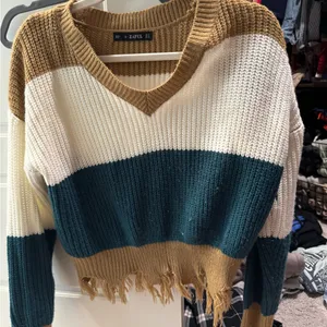 Zaful V-Neck Color Block Sweater - Tan, White, Teal thumbnail 1