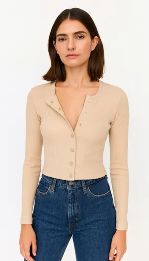 OUTDOOR VOICES Ribbed Button Front‎ Crop Top Oatmeal Small thumbnail 1