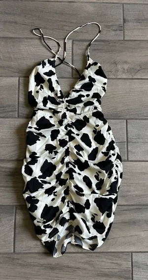 Ruched Cow Print Mini Dress in Black & White thumbnail 1