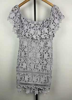 ASTR Purple Lilac Crochet Lace Off Over The Shoulder Mini Dress Size‎ XS thumbnail 1