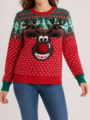 Ugly Christmas Sweater Red & Green Reindeer Crewneck thumbnail 1