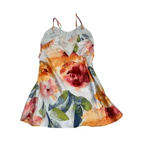 Linea Donatella Floral Satin Lace Trim Chemise Nightgown Orange Pink Small‎ thumbnail 2