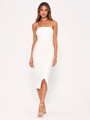 NEW Lulus Toast to Romance White Ruched Pearl Bodycon Midi Dress Sz LARGE thumbnail 16