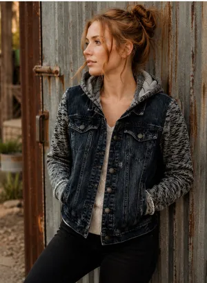 Free People Denim Knit Sleeve Hooded Jacket Distressed Dark Wash h thumbnail 1