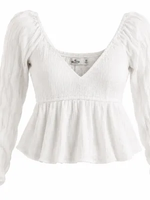 Hollister Co. White Smocked V-Neck Peplum Long Sleeve Blouse XS thumbnail 1