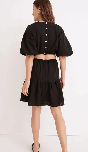 Madewell Seersucker Puff-Sleeve Cutout Mini Dress in Black size Medium thumbnail 5