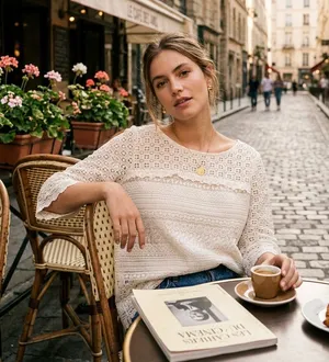 Joie Cream Lace Knit Crewneck Blouse thumbnail 1