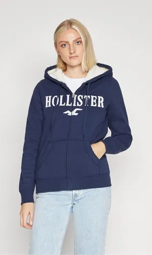 ✨Hollister Co. FAUX SHEARLING-LINED ZIP-UP LOGO GRAPHIC NAVY SZ LARGE HOODIE✨ thumbnail 1