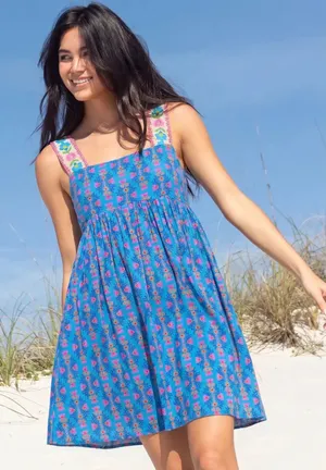Natural Life Blue Floral Boho Sun Dress Smocked Back Mini XS NWT thumbnail 1
