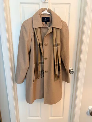 London Fog Women's Oatmeal Heather Wool Blend Raglan Coat with Scarf Size M thumbnail 3