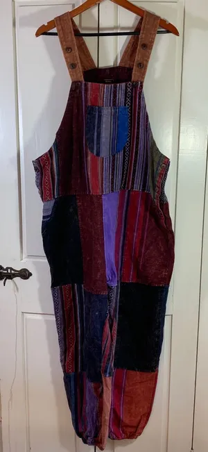 Rising International Nepal Patchwork Overalls Jumpsuit Boho Hippie XL‎ Colorful thumbnail 1