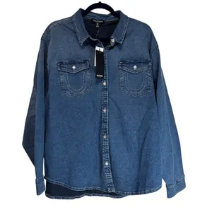 True Religion Oversized Denim Crystal LS Shirt Medium Wintry‎ Wash 600119 XL thumbnail 10