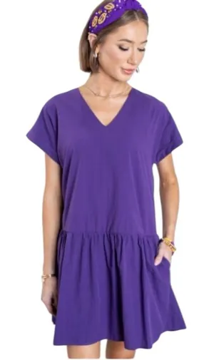 Pinch 100% Cotton Purple V-Neck Mini Dress With Pockets thumbnail 1