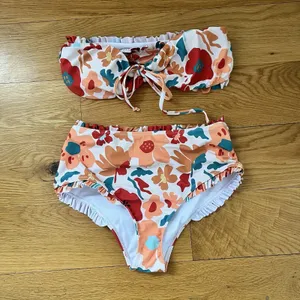 SHEIN Swimsuit‎ Flower Print Knotted Front Bandeau Bikini Set, High Waist Sz S thumbnail 4
