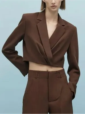Zara Brown Cropped Blazer with Shoulder Pads thumbnail 1