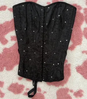Vintage Y2K Black Corset Top w/ Floral Embroidery & Rhinestones 🖤 Gothic Coquette Bustier Small thumbnail 1