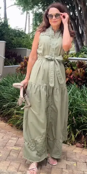 AVEC LES FILLES Eyelet Cotton Button Down Sage Green Maxi Dress thumbnail 1