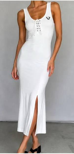True Religion M Horseshoe Logo Stretch Lace Up Midi Dress Tank Top White $129 thumbnail 1