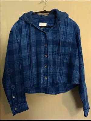 American Eagle AE Cropped Hooded Flannel Shirt in blue S thumbnail 8