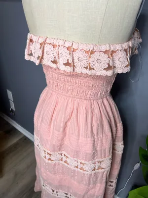 Boho Pink 100% Cotton Crochet Crochet Lace Smocked Halter Maxi Dress - Size S Pink Cotton Crochet Lace Inset Smocked Halter Maxi Dress Size Small thumbnail 3
