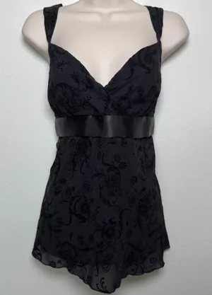 VTG 90s Fairy Grunge Babydoll Velvet‎ Paisley Tie Waist Top Medium Black Floral thumbnail 1