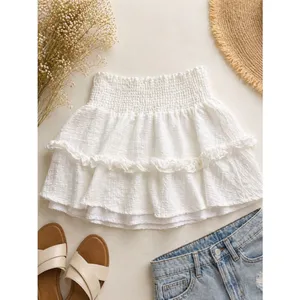 White Smocked Waist Tiered Ruffle Mini Skirt Textured Boho Cottagecore thumbnail 2