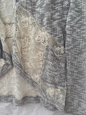 Miss Me 90’s Y2K Gray and Cream Textured Lace Knit Cardigan thumbnail 5