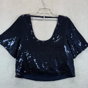 Free People Sequin Top‎ Party Blouse Sparkly Navy Blue Short Sleeve XS READ thumbnail 11
