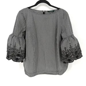 Lauren Ralph Lauren Blouse Gingham Black White Embroidered Bell Sleeve Top M/L thumbnail 1