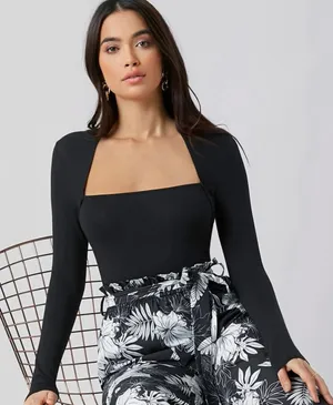 SheIn Black Square-Neck Long Sleeve Top thumbnail 1