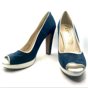 Love Made In Italy Blue Suede Peep-Toe Pumps With White Leather Trim (40) thumbnail 7
