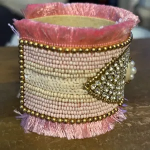 Handmade wide beaded cuff bracelet w/rhinestones and pink fringe thumbnail 4