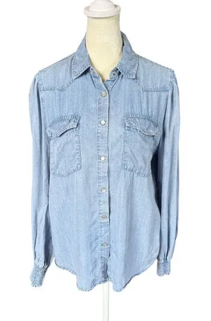 Women's blue jean-like long sleeve collared snap front lightweight shirt size S thumbnail 1