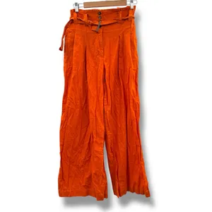 Eudon Choi Belted Wide Leg‎ Pants Bright Orange Linen Blend High Rise Women’s 2 thumbnail 3