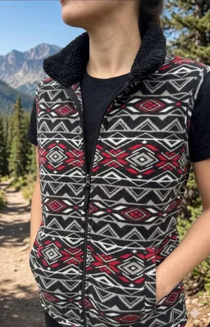 Jane Ashley Black, Gray & Red Geometric Fleece Vest thumbnail 1