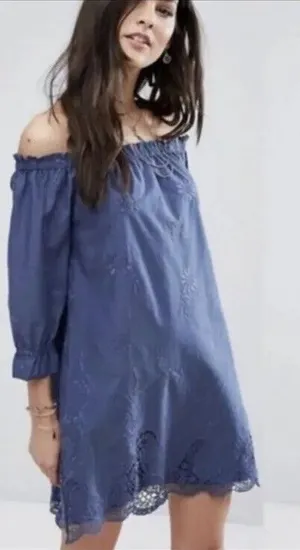 Abercrombie &‎ Fitch Off the Shoulder Blue Embroidered Loose Fit Dress Small thumbnail 1