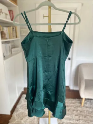 Lulus Emerald Satin Mini Dress Slip Ruffle Hem Elegant Wedding Guest Quiet Luxe‎ thumbnail 3