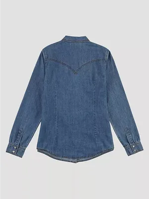 $70 NWOT WOMEN'S WRANGLER CLASSIC WESTERN SNAP DENIM SHIRT in mid wash L thumbnail 5