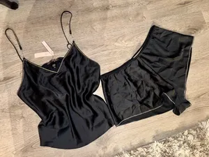 Victoria's Secret black satin cami and shorts pajama set with rhinestones NEW thumbnail 1