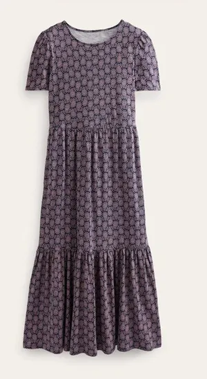 Boden Emma Tiered Jersey Midi Dress French Navy Paisley Heart Size 14 Long thumbnail 1