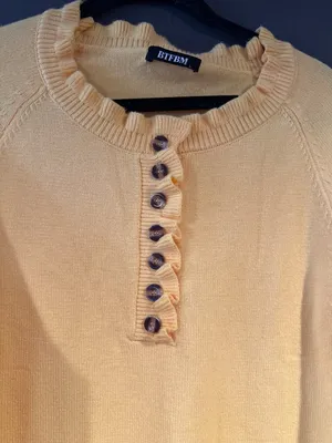 BTFBM Large Golden Yellow Ruffle Henley Sweater Cottagecore Feminine Cozy Comfy thumbnail 3