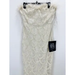 Lulus Uniquely Confident Cream Lace Feather Strapless Midi Dress Cocktail L NWT thumbnail 6