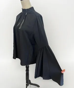 T Tahari Blouse Womens Size M Black Mock Neck Keyhole Large Bell Sleeve Chic thumbnail 1