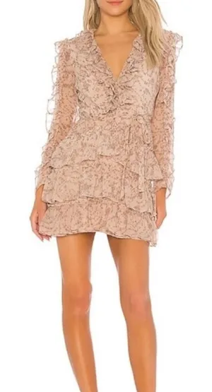 Bardot Alessia Tan Frill Ruffled Long Sleeved Mini Dress Size Medium 8 thumbnail 1