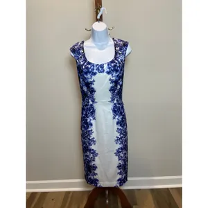 White House Black Market White Blue Floral Satin Sheath Dress Fully Lined Size 8 thumbnail 5