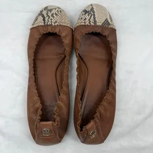 Tory Burch Leather Scalloped Ballet Flats‎ Snakeskin Cap Toe Logo 7.5 READ thumbnail 6