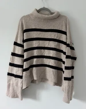 THE RESET R Label Black Tan Wool Cashmere Knit Wide Sleeve Turtleneck Sweater XL thumbnail 1