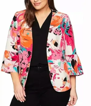 NEW Nine West Women’s Size 12 Ruffle Sleeve Pink Floral Blazer Jacket v6x thumbnail 1